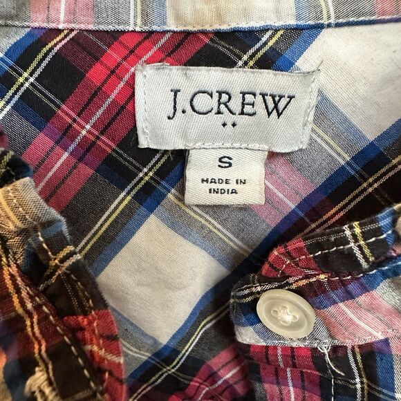 J CREW Small Red Tartan Plaid Button Down Blouse Ruffed Mock Neck - Picture 3 of 8